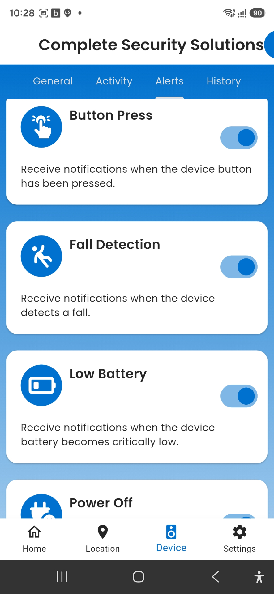 Caregiver Mobile app alerts screen showing toggles for button press, fall detection, low battery, and power off.