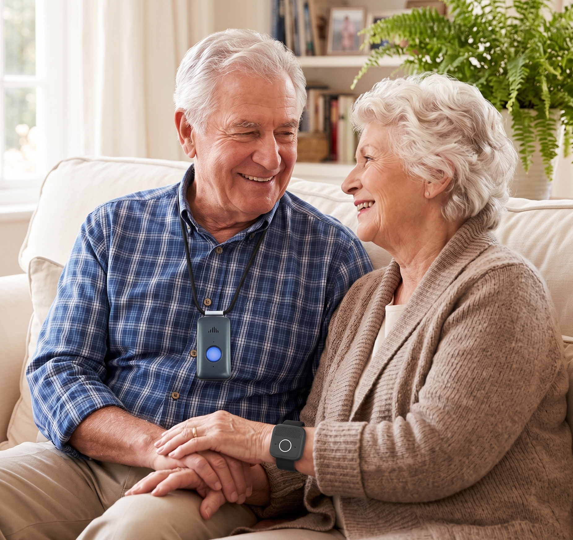 A New Brunswick senior smiling outside her coastal home, wearing a Belle wristband.